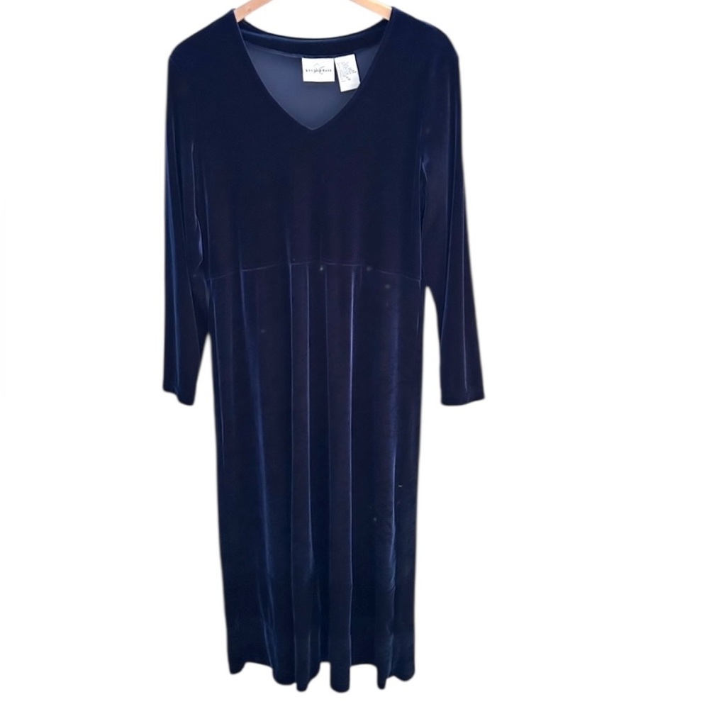 Vintage Blue Velvet Midi Dress Elegant Holiday Dress Size 14